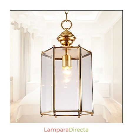 Lámpara colgante pequeña estilo country americano, de cobre y vidrio simple. Lámpara colgante pequeña estilo country americano, de cobre y vidrio simple.