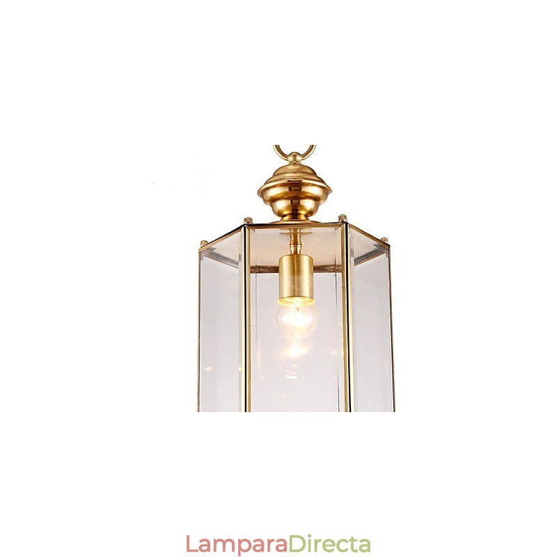 Lámpara colgante pequeña estilo country americano, de cobre y vidrio simple.