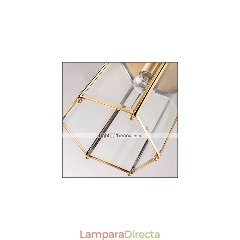 Lámpara colgante pequeña estilo country americano, de cobre y vidrio simple.