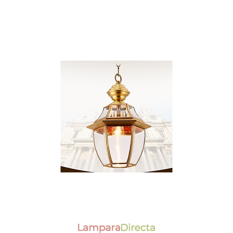 Lámpara colgante pequeña estilo country americano, de cobre y vidrio simple.