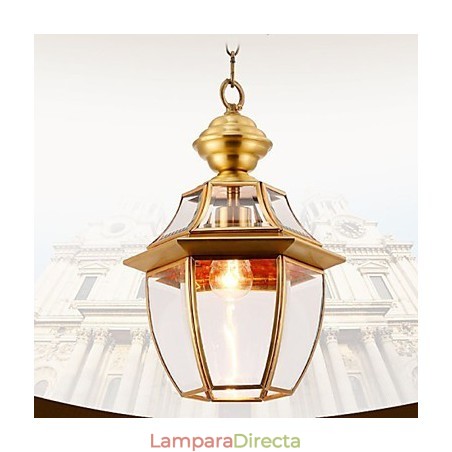 Lámpara colgante pequeña estilo country americano, de cobre y vidrio simple. Lámpara colgante pequeña estilo country americano, de cobre y vidrio simple.