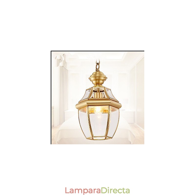 Lámpara colgante pequeña estilo country americano, de cobre y vidrio simple.
