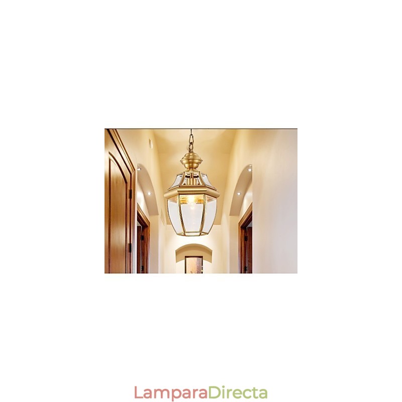 Lámpara colgante pequeña estilo country americano, de cobre y vidrio simple.
