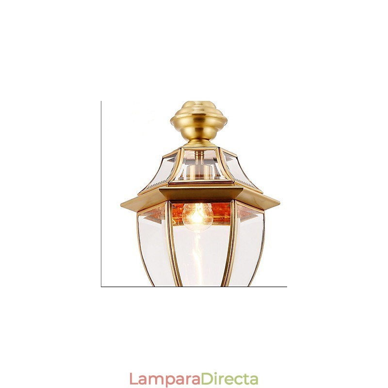 Lámpara colgante pequeña estilo country americano, de cobre y vidrio simple.