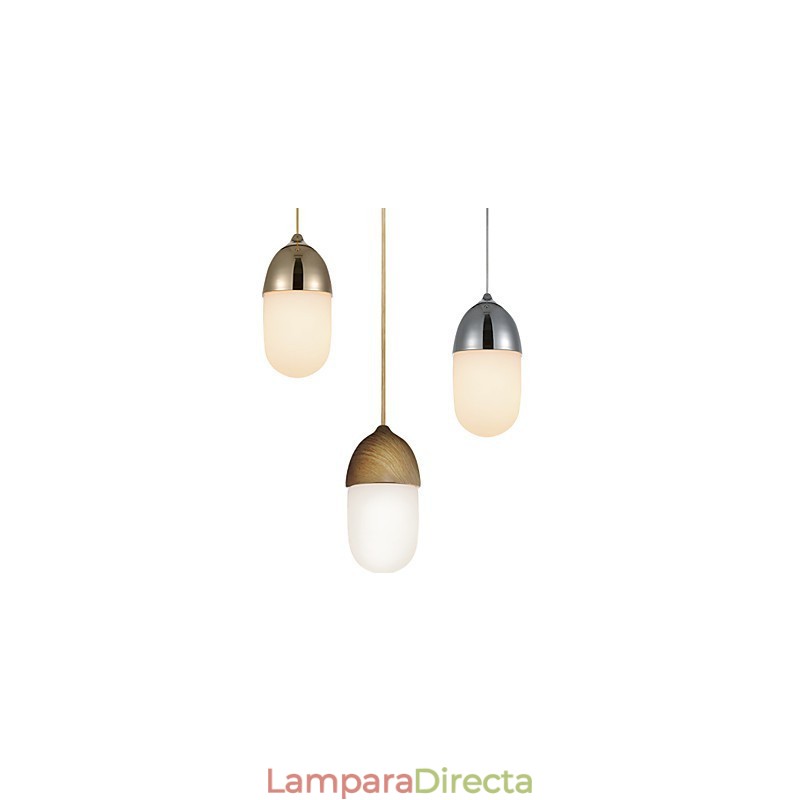 Lámpara colgante Mini Acorn, 1 luz, moderna, simplicidad, acabado en madera cromada dorada, acero al carbono y vidrio.