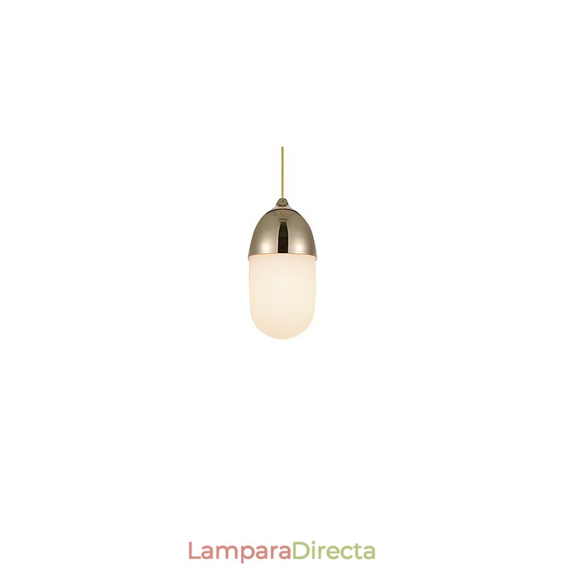 Lámpara colgante Mini Acorn, 1 luz, moderna, simplicidad, acabado en madera cromada dorada, acero al carbono y vidrio.