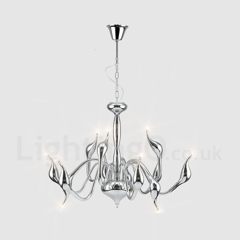 Lámpara colgante moderna de metal cromado con forma de cisne de 12 luces
