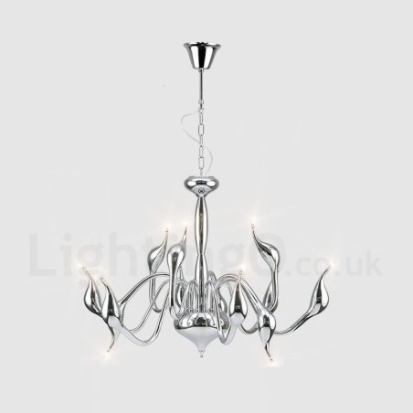 Lámpara colgante moderna de metal cromado con forma de cisne de 12 luces Lámpara colgante moderna de metal cromado con forma de cisne de 12 luces
