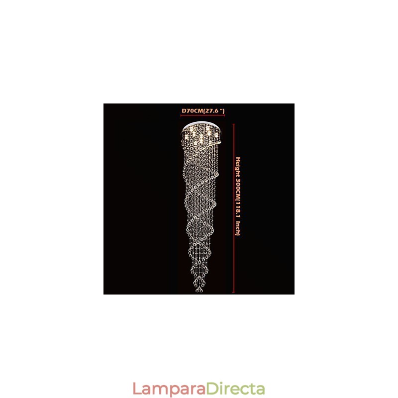 Lámparas de techo colgantes con cristal K9 de doble espiral, diámetro 70 cm, altura 300 cm.