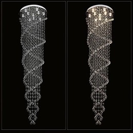 Lámparas de techo colgantes con cristal K9 de doble espiral, diámetro 70 cm, altura 300 cm.