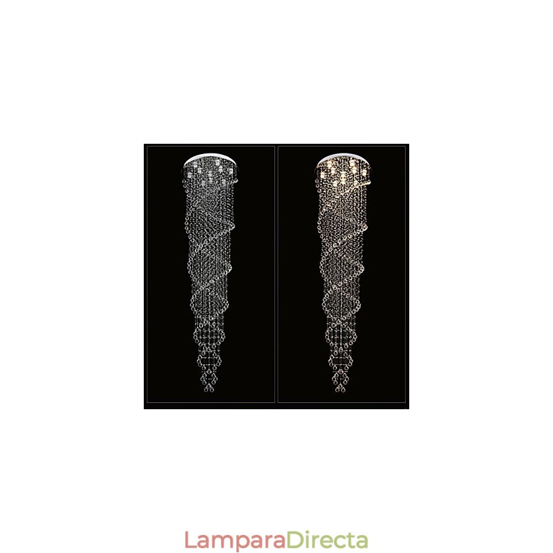 Lámparas de techo colgantes con cristal K9 de doble espiral, diámetro 70 cm, altura 300 cm.