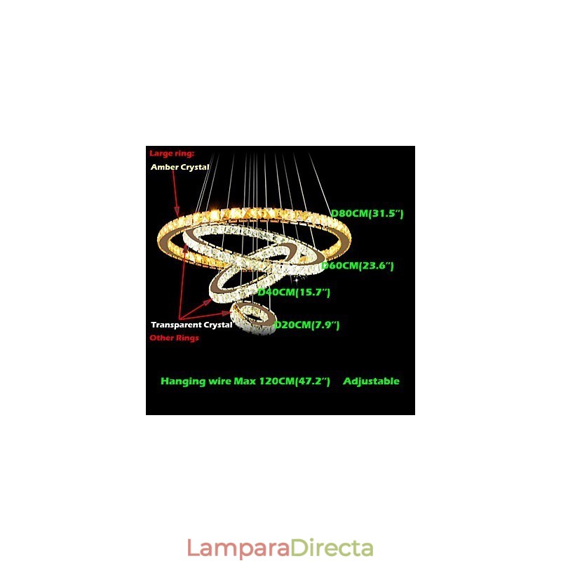Lámparas colgantes Lámpara de techo Lámpara de araña Iluminación Redonda 4 anillos Anillo grande Cristal ámbar y otros cristales transparentes