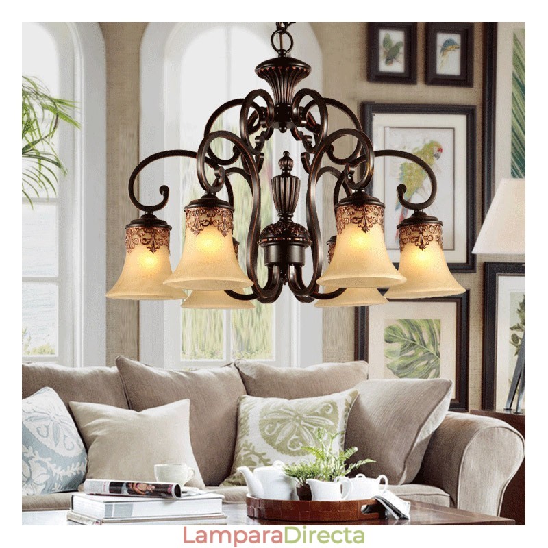 Lámpara colgante de araña de 6 luces, estilo vintage, estilo rústico, de metal y cristal.