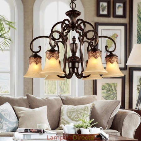 Lámpara colgante de araña de 6 luces, estilo vintage, estilo rústico, de metal y cristal. Lámpara colgante de araña de 6 luces, estilo vintage, estilo rústico, de metal y cristal.