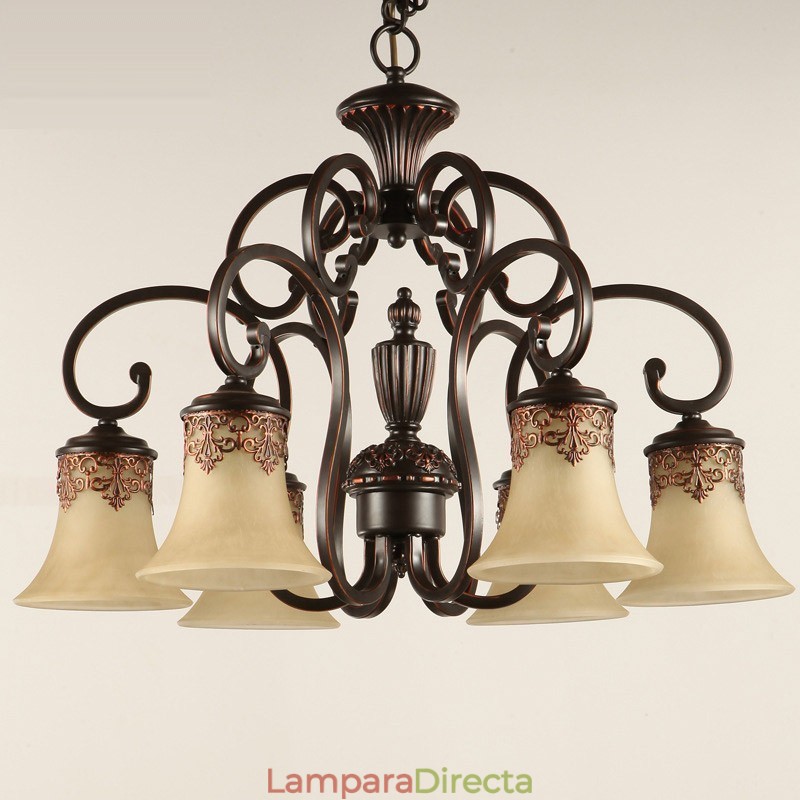 Lámpara colgante de araña de 6 luces, estilo vintage, estilo rústico, de metal y cristal.