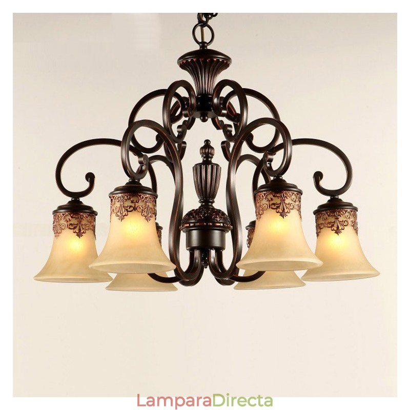 Lámpara colgante de araña de 6 luces, estilo vintage, estilo rústico, de metal y cristal.