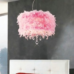 Lámpara colgante de cristal con 5 luces y pantalla de plumas rosas