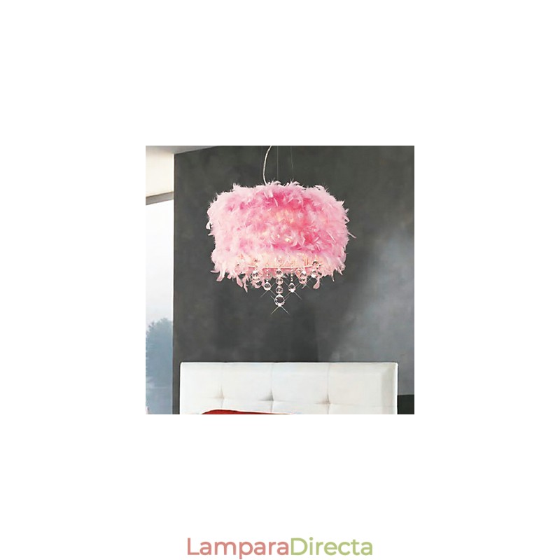 Lámpara colgante de cristal con 5 luces y pantalla de plumas rosas