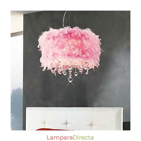 Lámpara colgante de cristal con 5 luces y pantalla de plumas rosas Lámpara colgante de cristal con 5 luces y pantalla de plumas rosas