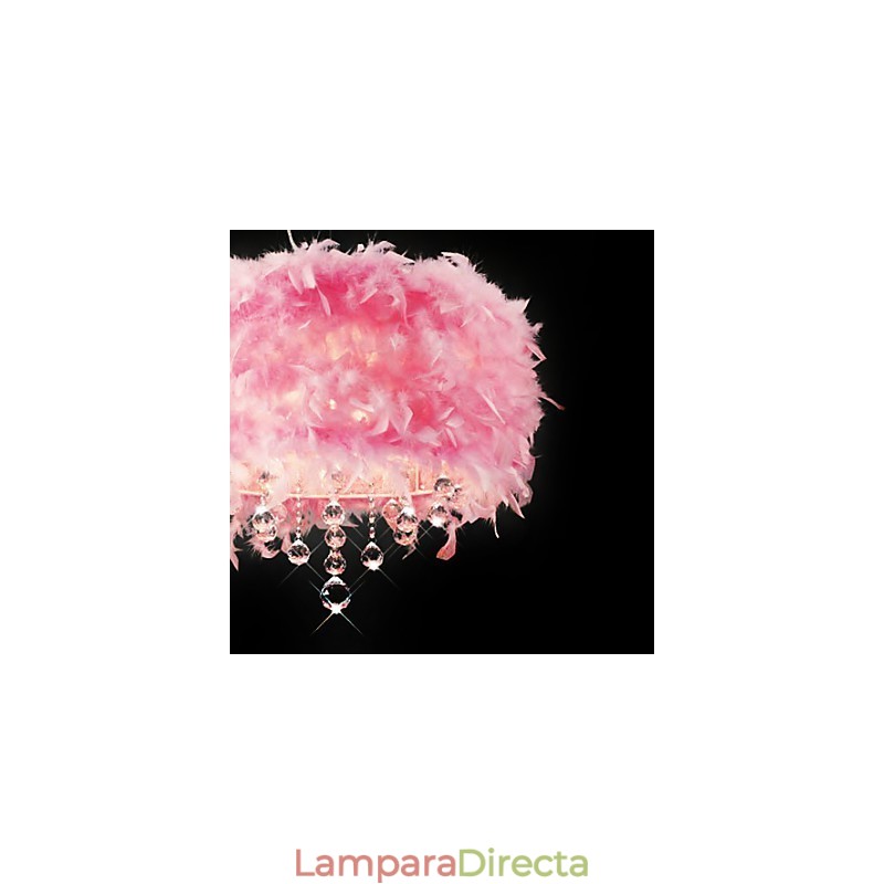 Lámpara colgante de cristal con 5 luces y pantalla de plumas rosas