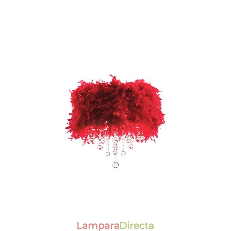 Lámpara colgante de cristal con 3 luces y pantalla de plumas rojas