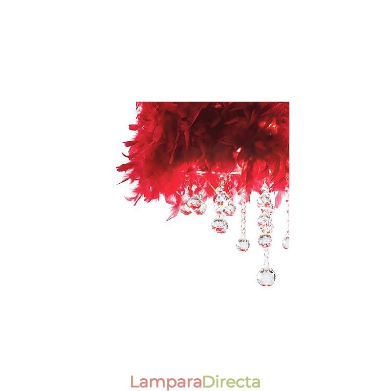 Lámpara colgante de cristal con 3 luces y pantalla de plumas rojas
