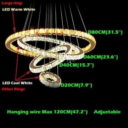 Lámpara colgante de cristal K9 para techo, cristal transparente, redonda, 4 anillos, anillo grande (blanco cálido), otro (blanco frío).