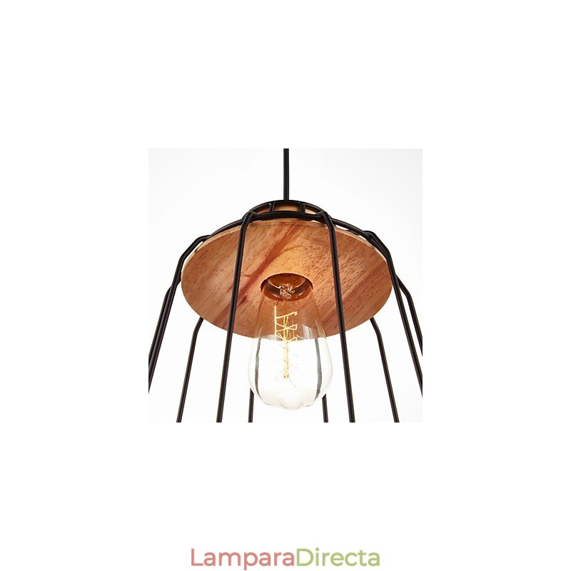 Lámpara colgante de hierro pintado con centro de madera y jaula de hierro