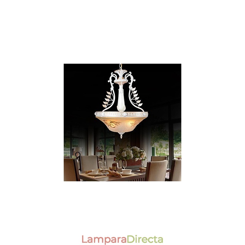 Lámpara colgante blanca de tres luces con pantalla de cristal dorado a mano, estilo retro clásico europeo.