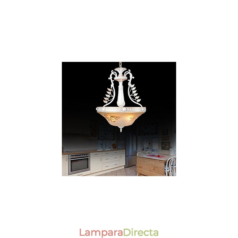 Lámpara colgante blanca de tres luces con pantalla de cristal dorado a mano, estilo retro clásico europeo.