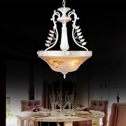 Lámpara colgante blanca de tres luces con pantalla de cristal dorado a mano, estilo retro clásico europeo.