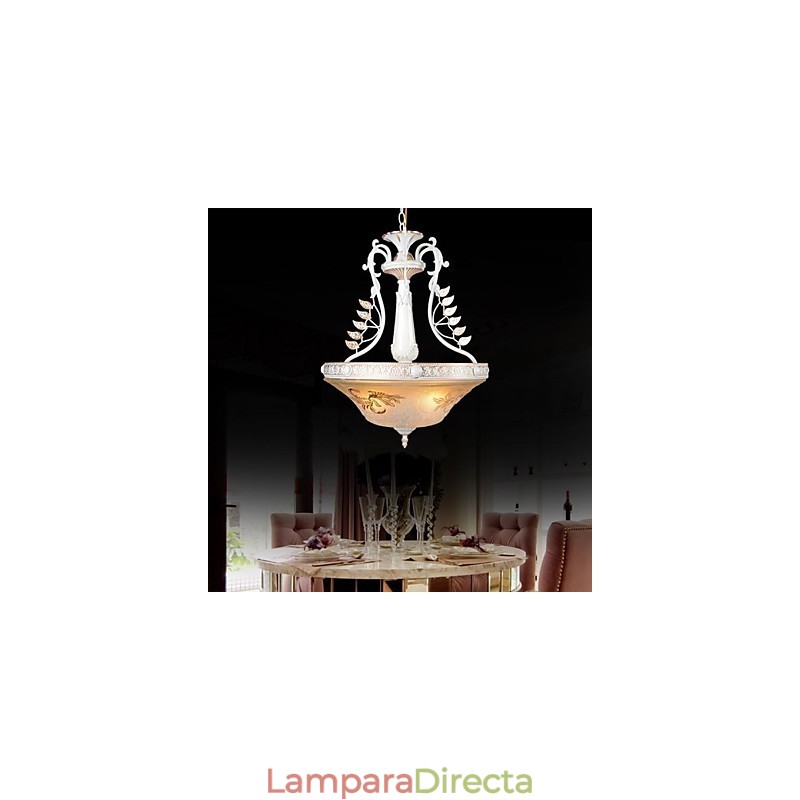 Lámpara colgante blanca de tres luces con pantalla de cristal dorado a mano, estilo retro clásico europeo.