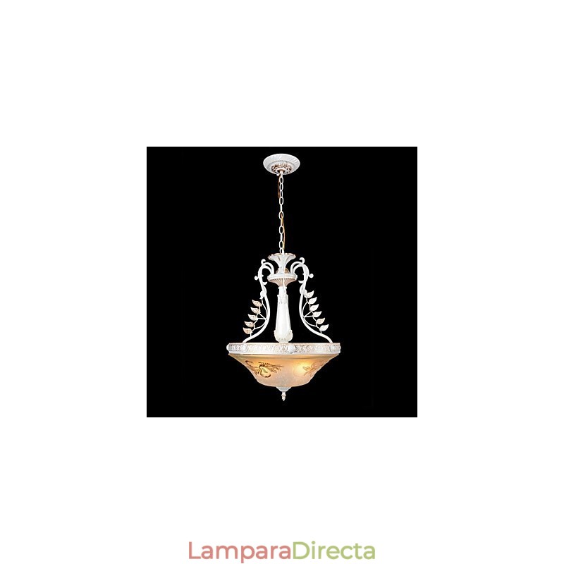 Lámpara colgante blanca de tres luces con pantalla de cristal dorado a mano, estilo retro clásico europeo.