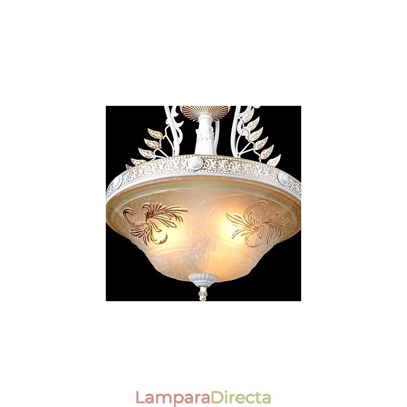 Lámpara colgante blanca de tres luces con pantalla de cristal dorado a mano, estilo retro clásico europeo.