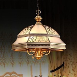 Lámpara colgante de latón de seis luces vintage con cristal de cobre.