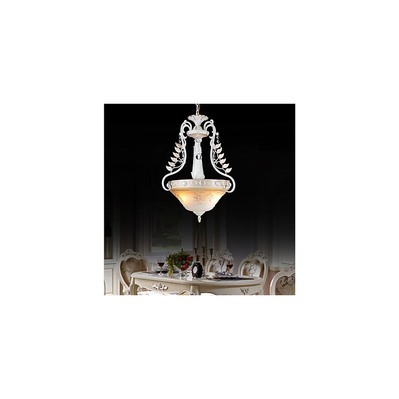 Lámpara colgante blanca de dos luces con pantalla de cristal dorado a mano, estilo retro europeo clásico.
