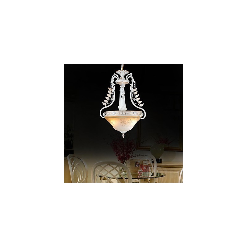 Lámpara colgante blanca de dos luces con pantalla de cristal dorado a mano, estilo retro europeo clásico.