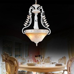 Lámpara colgante blanca de dos luces con pantalla de cristal dorado a mano, estilo retro europeo clásico.