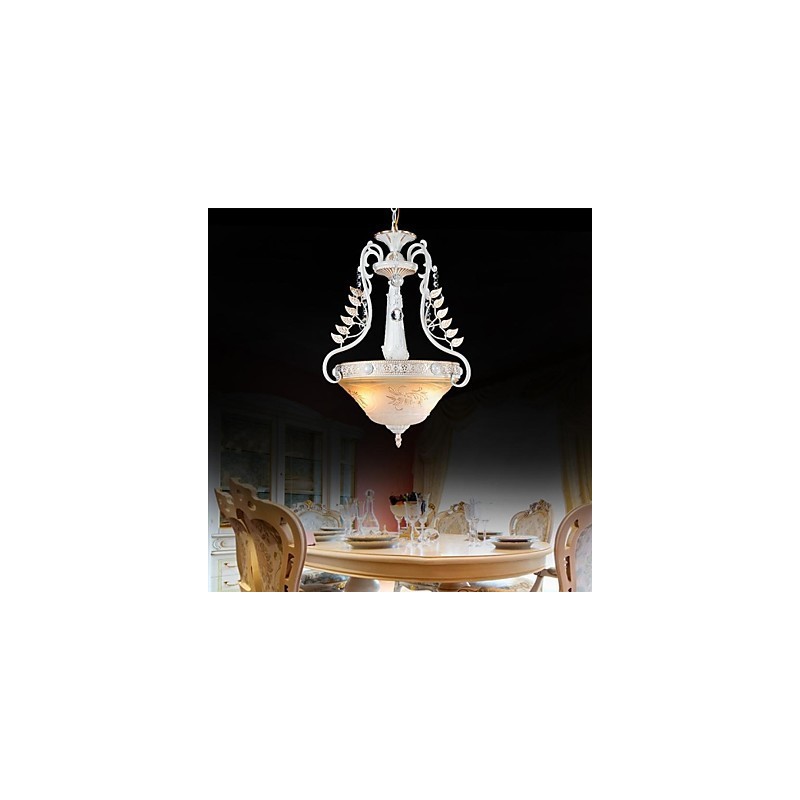 Lámpara colgante blanca de dos luces con pantalla de cristal dorado a mano, estilo retro europeo clásico.