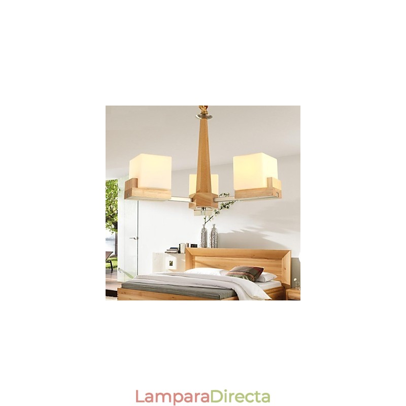Lámpara colgante de roble tres luces Roble y cristal