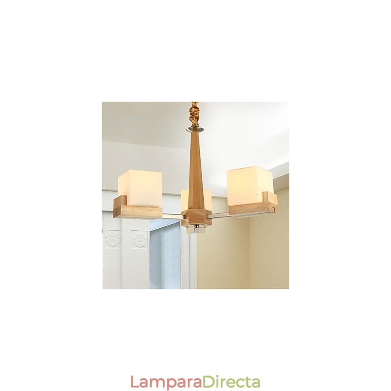 Lámpara colgante de roble tres luces Roble y cristal