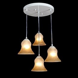 Lámpara colgante blanca de cuatro luces con pantalla de cristal dorado a mano, estilo retro europeo clásico.