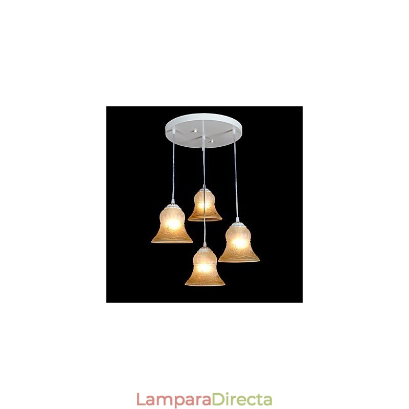 Lámpara colgante blanca de cuatro luces con pantalla de cristal dorado a mano, estilo retro europeo clásico.