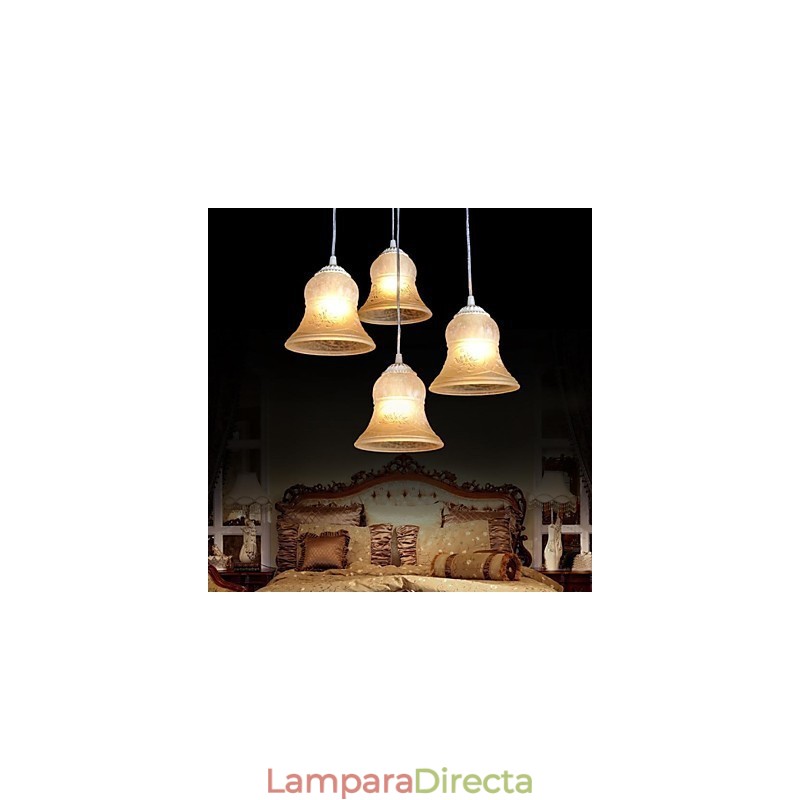 Lámpara colgante blanca de cuatro luces con pantalla de cristal dorado a mano, estilo retro europeo clásico.
