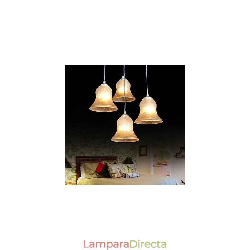 Lámpara colgante blanca de cuatro luces con pantalla de cristal dorado a mano, estilo retro europeo clásico.
