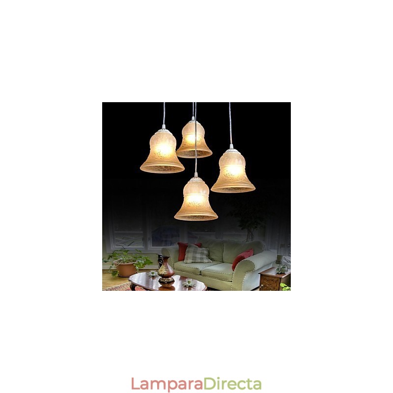 Lámpara colgante blanca de cuatro luces con pantalla de cristal dorado a mano, estilo retro europeo clásico.