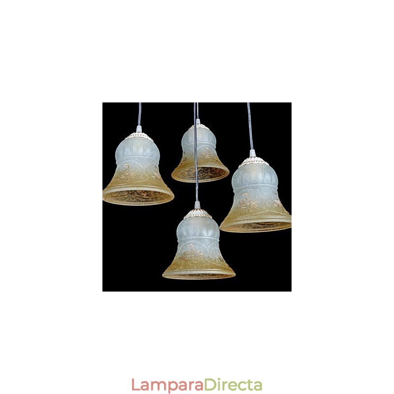 Lámpara colgante blanca de cuatro luces con pantalla de cristal dorado a mano, estilo retro europeo clásico.