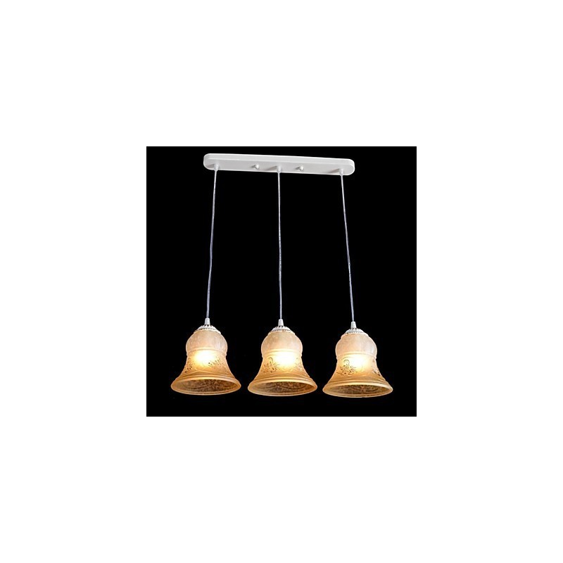 Lámpara colgante blanca de tres luces con pantalla de cristal dorado a mano, estilo retro clásico europeo.