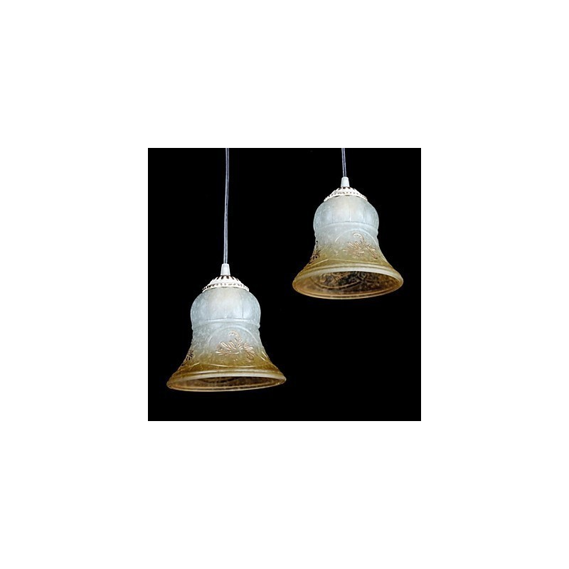 Lámpara colgante blanca de tres luces con pantalla de cristal dorado a mano, estilo retro clásico europeo.