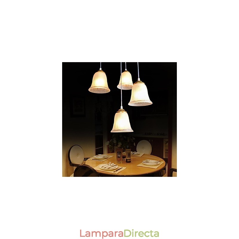 Lámpara colgante de bronce con cuatro luces y pantalla de cristal, estilo retro clásico europeo.